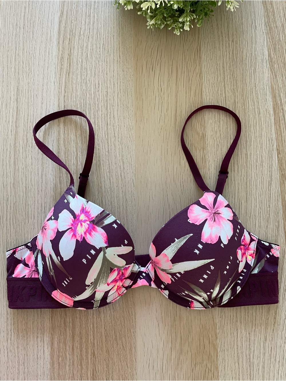 Victoria's Secret Plum Floral Push-Up Bra with Pink Flowers